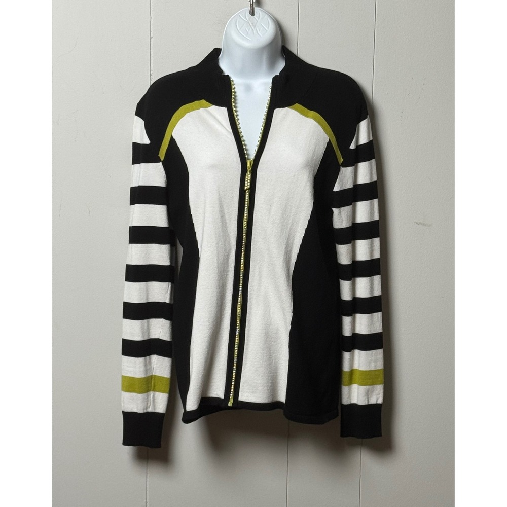 Belldini Colorblock Striped Full Zip Cardigan Rhinestone Zipper Black Lime